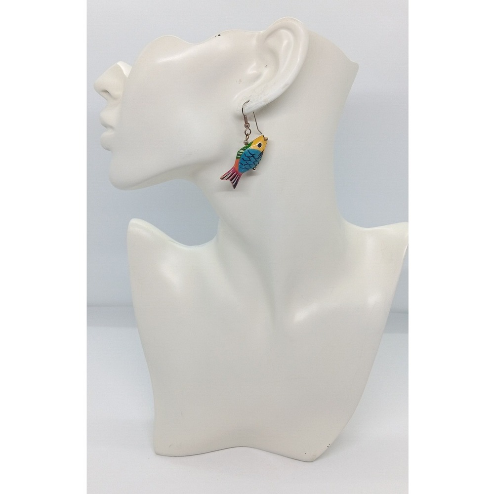 Hand‎ Painted Wooden Fish Drop Earrings Multicolor Boho Tropical Nautical Hook